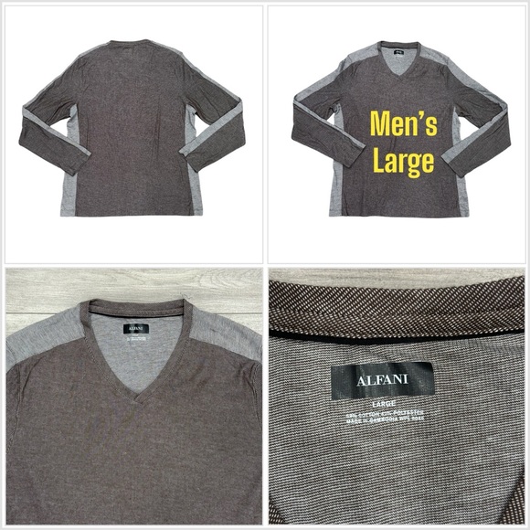 Men's Alfani Large 42 - 44 V-Neck Shirt Brown Beachnut Long Sleeve Textured - Picture 1 of 7